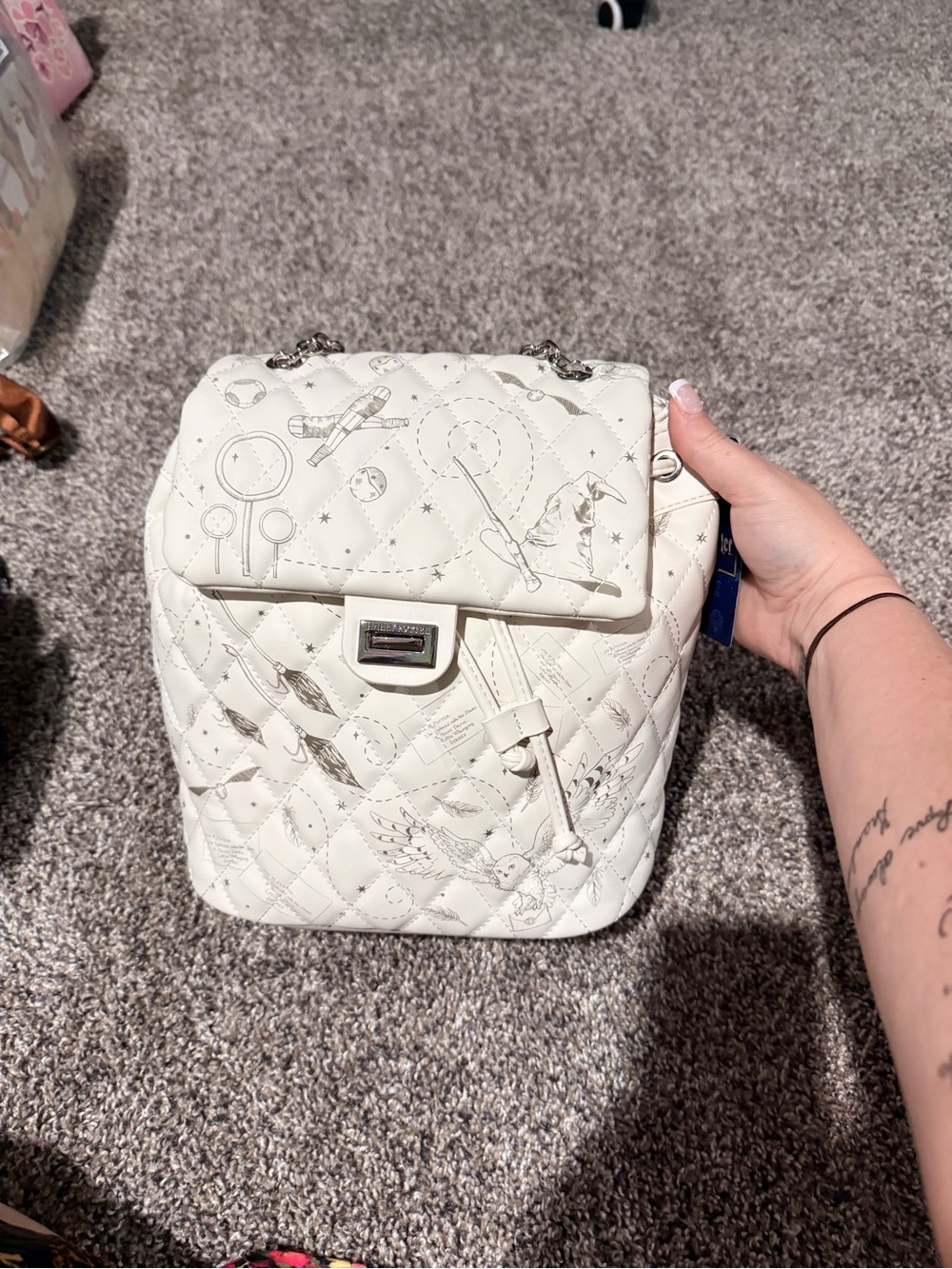 Quilted White Printed Harry Potter Women's Backpack with Top Flap and Buckle
